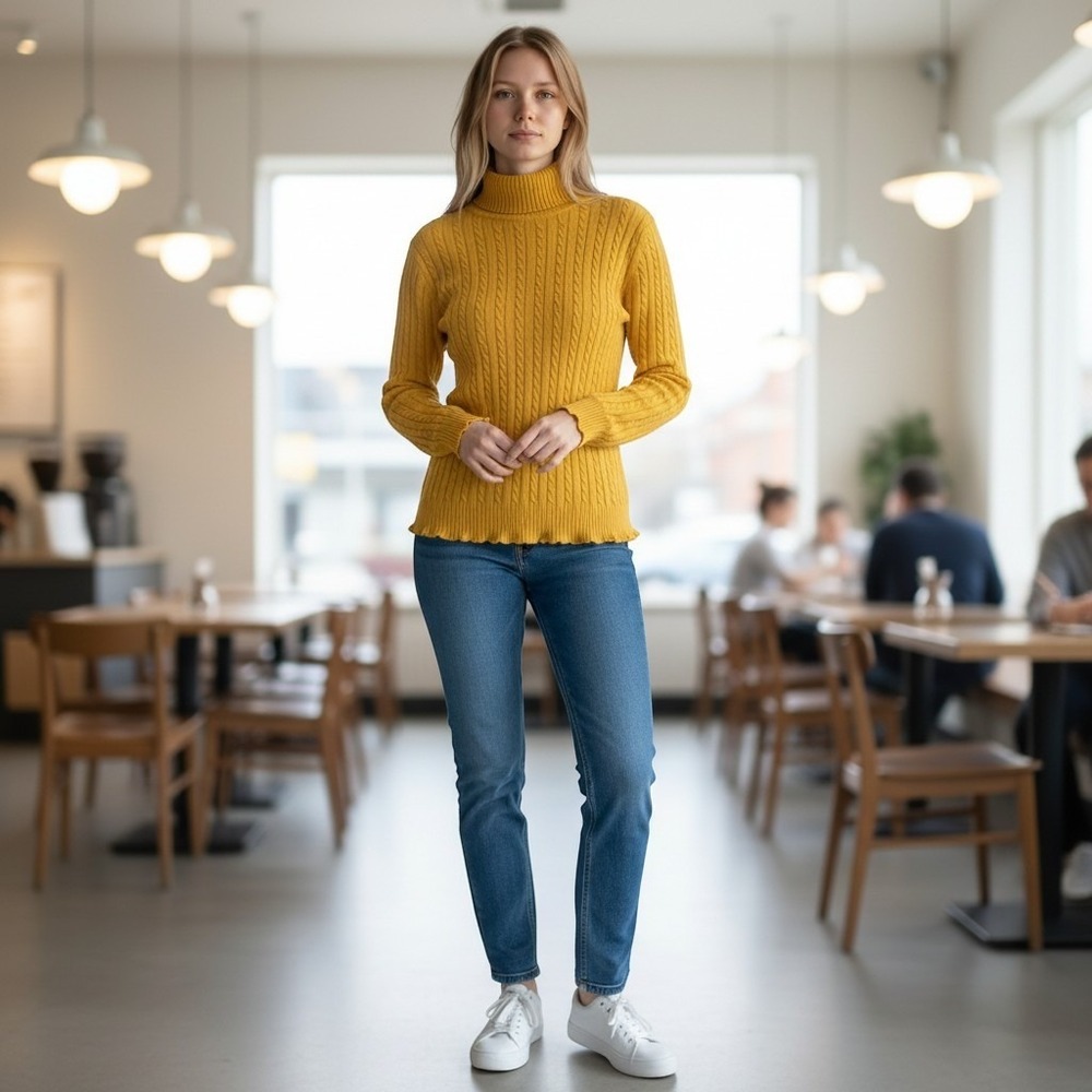 American Living Mustard Yellow Cable Knit Turtleneck Sweater Pullover L Cotton
